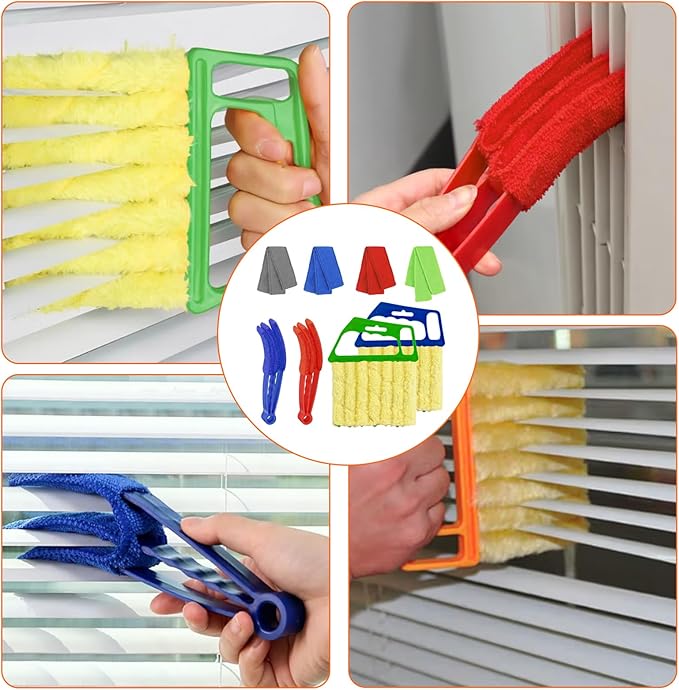 4pcs Window Venetian Blind Cleaner Duster Tool,Blind Duster for Cleaning,Microfiber 7Finger Duster Brush Dusting Cleaner Tool ，for Window Shutters Air Conditioner,with 4 Cloth Cover(Blue/Green)