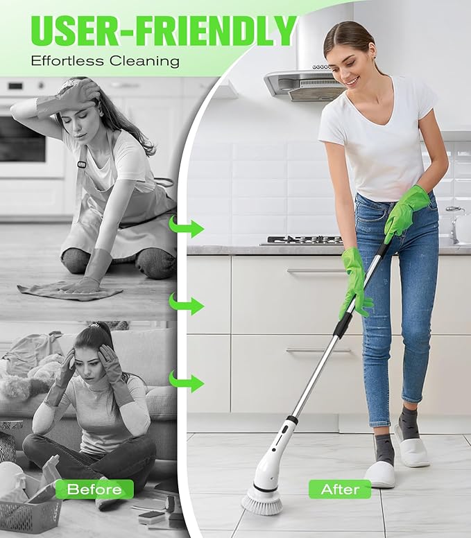 Electric Spin Scrubber for Cleaning,Cordless Waterproof Bathroom Shower Brushes with 9 Heads,1.5H Power Dual Speed Cleaner with Extendable Handles for Bathtub Floor Kitchen Wall