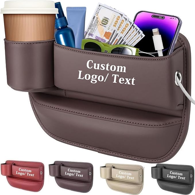 Car Leather Cup Holder Gap Bag Custom Car Gap Seat Filler Organizer with Logo Text Seat Gap Storage Box for Sunglasses P