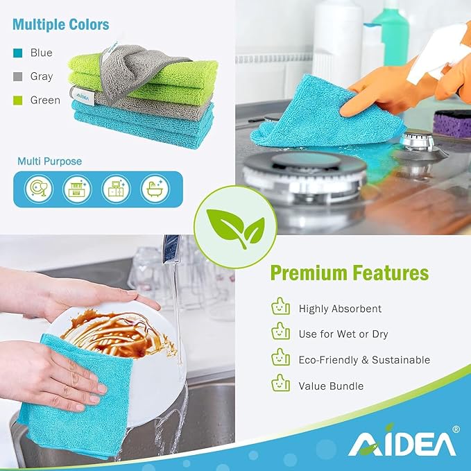 AIDEA Microfiber Cleaning Cloth-600PK, Soft Microfiber Towels for Cars, Absorbent Cleaning Rags, Lint-Free Streak-Free Wash Cloths for House, Kitchen, Window(12in.x12in)