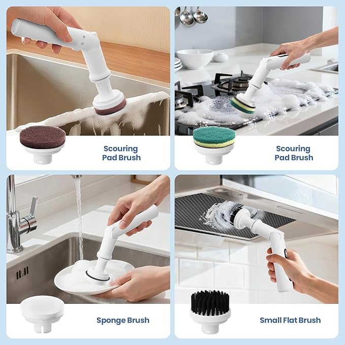 UNIWA Electric Spin Scrubber - Cordless Shower Scrubber with 4 Replaceable Heads,3 Speeds Electric Scrubber for Cleaning Bathroom,Kitchen,Dish