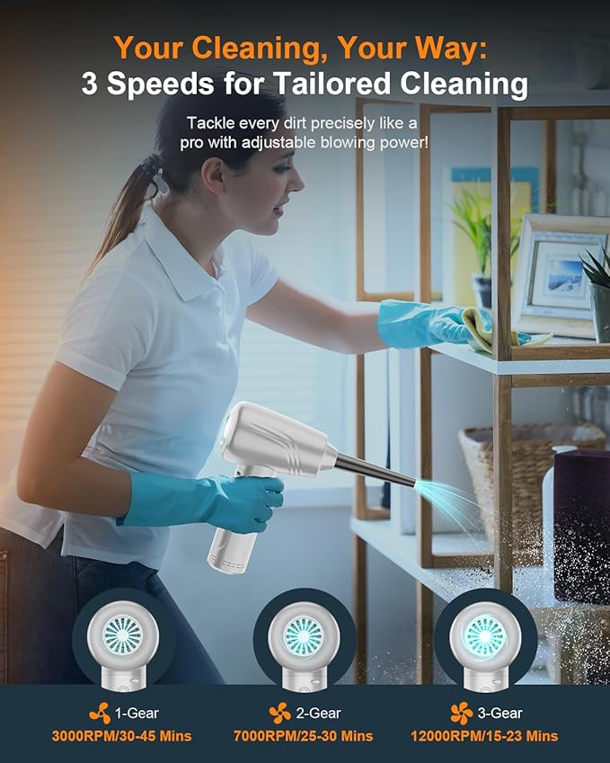 11-in-1 Compressed Air Duster, 3-Gear Adjustable 120000 RPM Electric Air Duster with LED Light, 9000mAh Reusable no Canned Keyboard Cleaner for Office