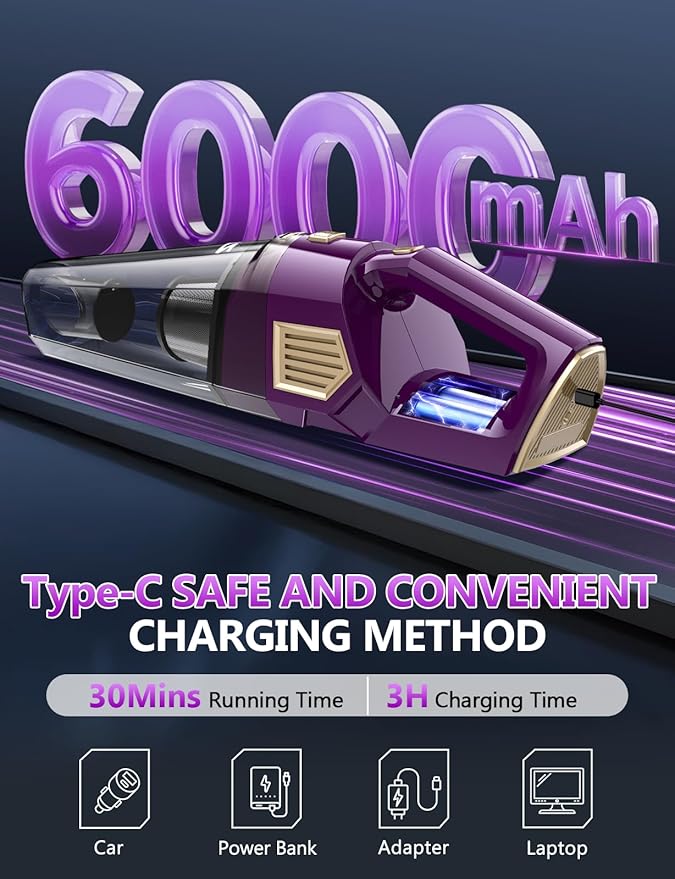 Handheld Vacuum Cordless, 15000PA Powerful Suction Hand Held Car Vacuum Cleaner Rechargeable with Multi-Nozzles & Washable Filters, High Power Lightweight Hand Vacuum for Home, Pet, Car, Office