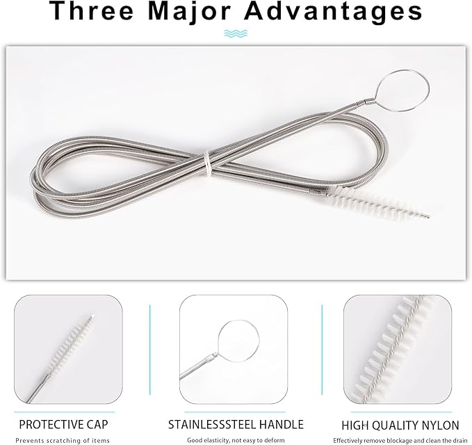 CiaraQ Bottle Cleaning Brushes, 8 Inch Nylon Tube Brush Set & A Flexible Long Drain Brush 60 inch, Cleaner for Narrow Neck Bottles Cups with Hook, Set of 11pcs, White