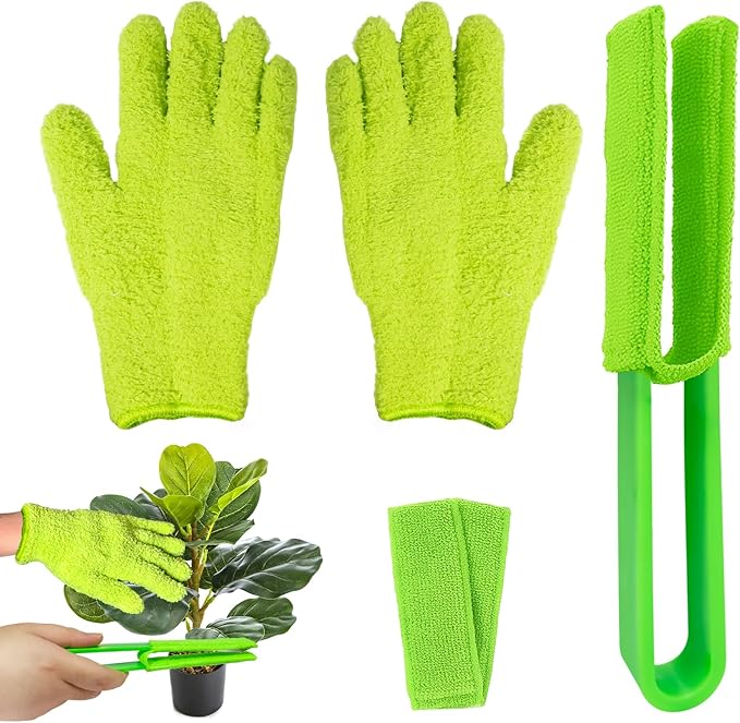 4 PCS Plants Cleaning Set, Include 2 PCS Microfiber Gloves for Plant Dusting, 1 PCS Leaf Cleaner Tong with 2 PCS Separate Cloth Covers Reusable Microfiber Sleeves and Gloves Plants Cleaning Set