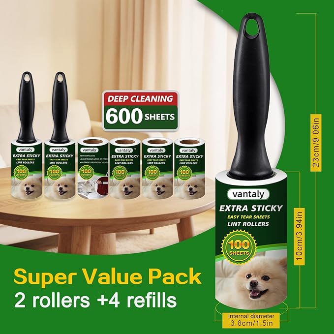 Lint Rollers for Pet Hair Extra Sticky, 600 Sheets Value Set Lint Roller with 2 Upgraded Handles, 6 Rollers Portable Pet Lint Remover for Clothes, Furniture, Carpet, Dog & Cat Hair Removal
