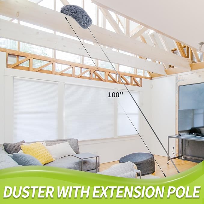 IVYROLL Duster with Extension Pole for Cleaning (2 Microfiber Heads Kit), 100" Long Feather Duster for High Ceilings with Washable Head, Cleaning Supplies for Housekeeping, Ceiling Fan, Furniture