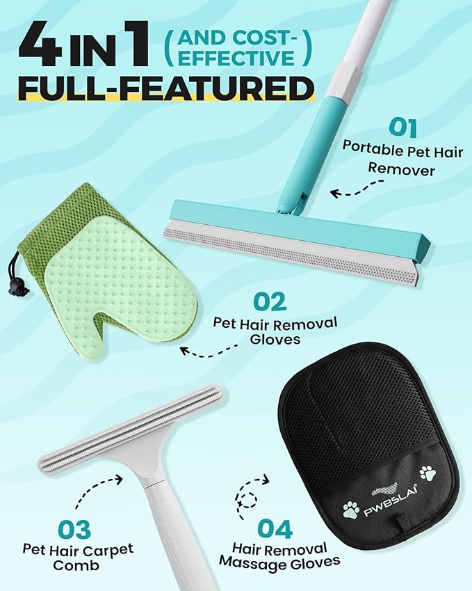 Carpet Rake for Pet Hair Removal Tool - 4 in 1 Pet Hair Remover Kit for Dog Cat Fur Remover, Contain 60" Adjustable Rubber Broom, Glove, Magic Brush and Scraper for Furniture (Blue)