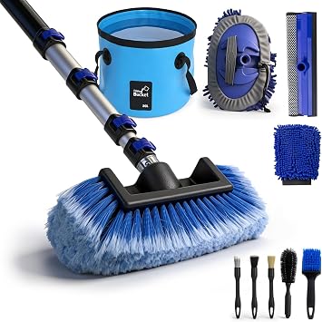 20FT Car Wash Brush with Long Handle - Car Cleaning Kit with 8 Attachments, 180° Rotating Mop, Foldable Bucket, Scratch-