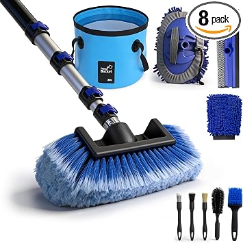 12FT Car Wash Brush with Long Handle - Car Cleaning Kit with 8 Attachments, 180° Rotating Mop, Foldable Bucket, Scratch-