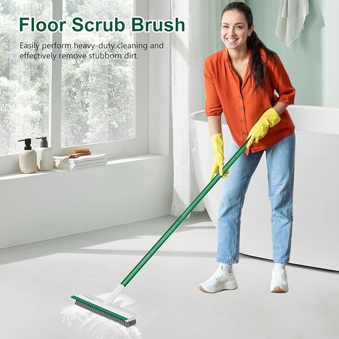 SetSail Upgraded Large 12 in Wide Floor Scrub Brush with 51-Inch Long Adjustable Handle 2 in 1 Scrape Brush Stiff Bristle Floor Scrubber for Cleaning Shower Bathroom Garage Kitchen Wall Deck Tub Tile