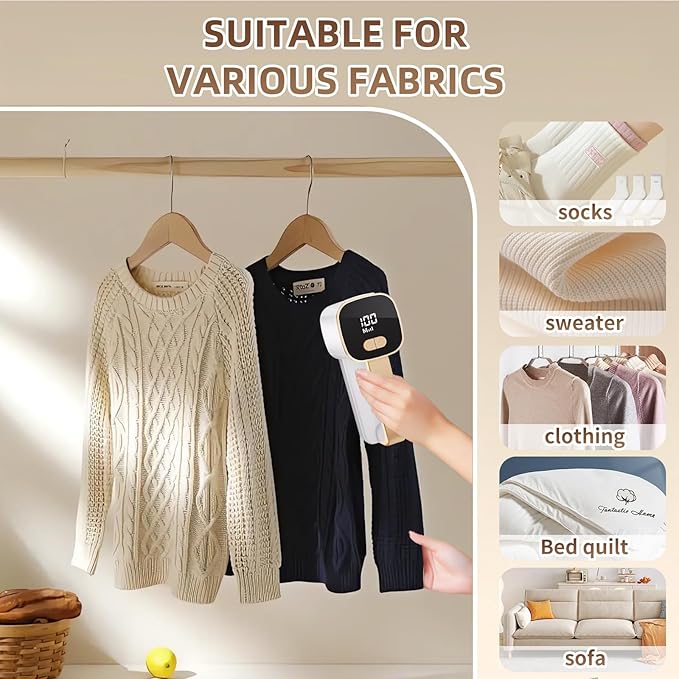 EiLVEEY Rechargeable Lint Remover, Fabric Shaver Fuzz Remover, Sweater Shavers with 6-Leaf Blades, 3-Speeds Digital LED Display to Remove Pilling for Clothing and Furniture, Lint Ball, White