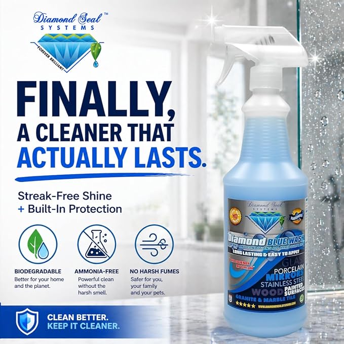 Made in the USA. Diamond Blue Repellent Wash Multi Surface. Cleans,Shine Best Cleaner for Glass, Granite, Countertops Wood & Stainless Steel. Direct from the Manufacturer 32oz Easy to use spray bottle