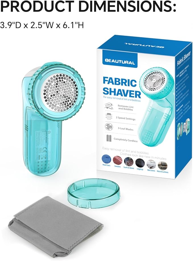 BEAUTURAL Fabric Shaver and Lint Remover, Sweater Defuzzer with 2-Speeds, 2 Replaceable Stainless Steel Blades, Battery Operated, Remove Clothes Fuzz, Lint Balls, Pills, Bobbles