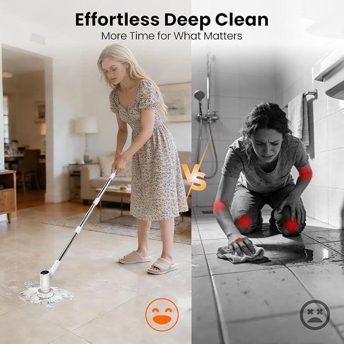 Electric Spin Scrubber, 4500mAh Cordless Cleaning Brush, 6 Brush Heads, Touch Control, 47" Adjustable Handle Relieves Back Pain, IPX7 Waterproof Power Scrubber for Bathroom Shower Floor Tile Bathtub.