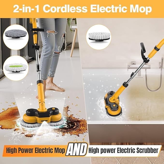 Cordless Electric Mop for Dewalt 20V Battery (NO Battery), 2 in 1 Spin Mop & Electric Floor Scrubber Machine with LED Light & Water Spray, 800 RPM Rotating Electric Mops for Floor (Golden)