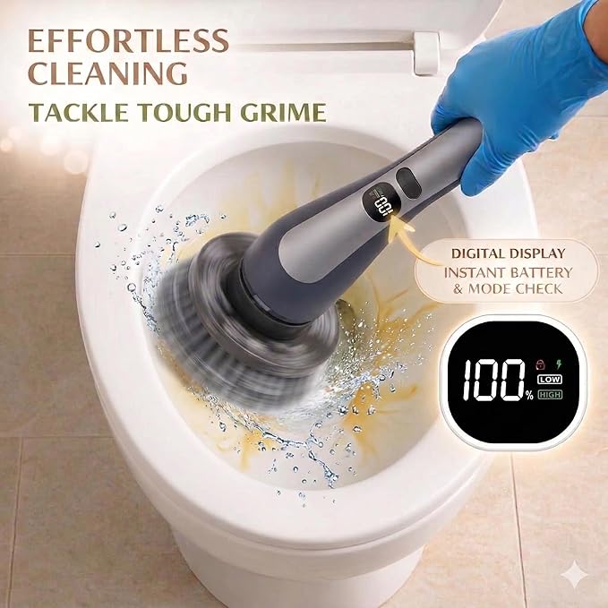 LIVINGPRO Electric Spin Scrubber with LCD Display, Cordless Cleaning Scrubber for Home, Upgraded 70W High-Power Motor, IPX7 Waterproof Dual Speed Power Scrubber, 7 Brush Heads, Extendable Long Handle