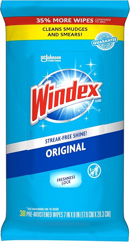 Windex Glass and Window Cleaner Wipes, Portable Cleaning, 38 Count