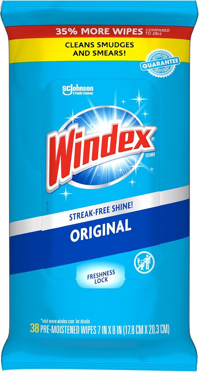 Windex Glass and Window Cleaner Wipes, Portable Cleaning, 38 Count