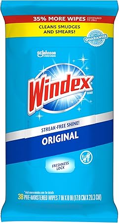 Windex Glass and Window Cleaner Wipes, Portable Cleaning, 38 Count