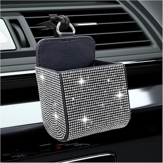 Bling Car Air Vent Storage Organizer, Car Vent Storage Pouch Box Leather Pocket with Hook for Women, Sparkly Rhinestone 