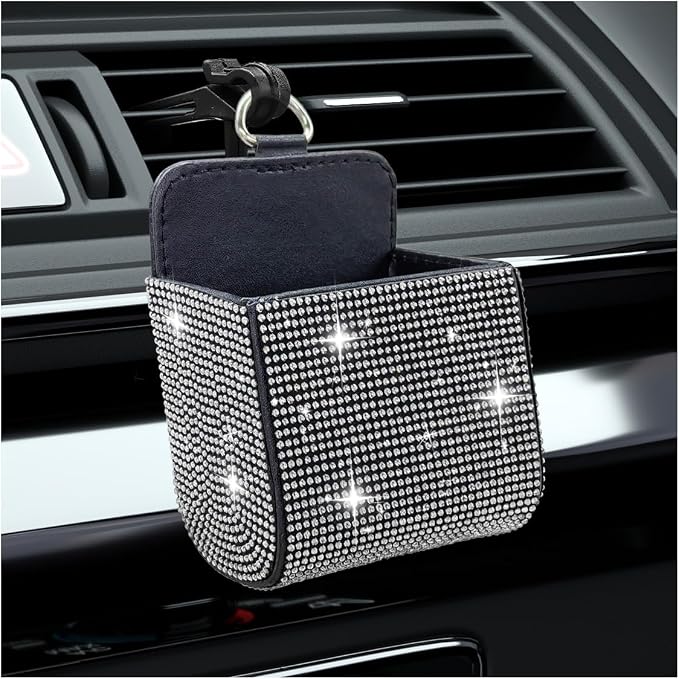 Bling Car Air Vent Storage Organizer, Car Vent Storage Pouch Box Leather Pocket with Hook for Women, Sparkly Rhinestone 