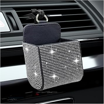 Bling Car Air Vent Storage Organizer, Car Vent Storage Pouch Box Leather Pocket with Hook for Women, Sparkly Rhinestone 