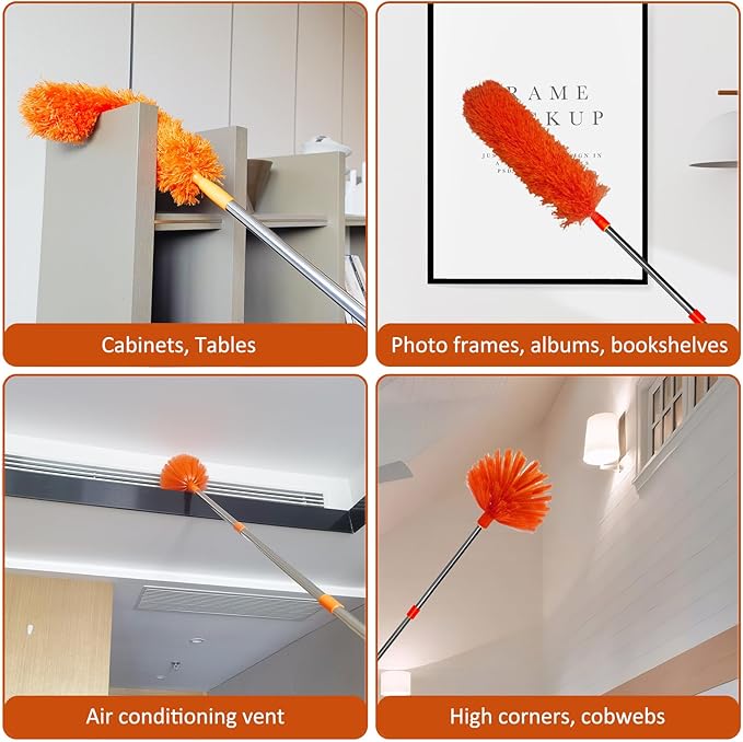 20 Feet High Reach Duster Kit with 2-14 ft Extension Pole, Cobweb & Corner Brush Cleaning Duster Kit for Cleaning, Microfiber Feather Duster Cleaner with Washable Head for Ceiling Fan, Furniture, Home