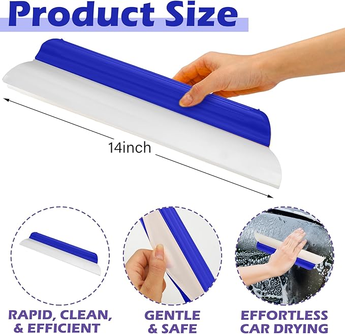 2 Pack 14 Inch Car Drying Squeegee Blue Longer Silicone Water Squeegee Window Shower Blade Automotive Squeegees Flexible Auto T-bar Rubber Squeegees for Car Windshield Glass Bathroom Wash Tool