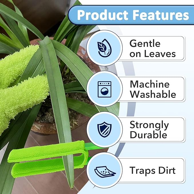 4 PCS Plants Cleaning Set, Include 2 PCS Microfiber Gloves for Plant Dusting, 1 PCS Leaf Cleaner Tong with 2 PCS Separate Cloth Covers Reusable Microfiber Sleeves and Gloves Plants Cleaning Set