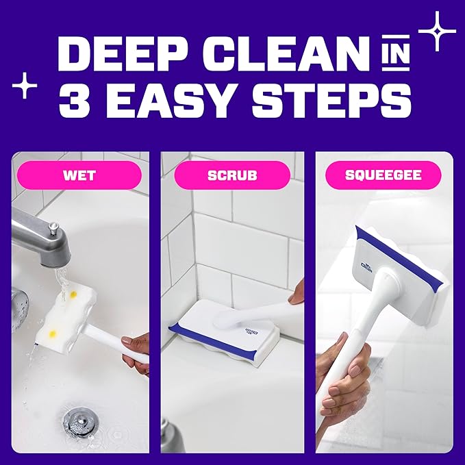 Mr. Clean Magic Eraser Shower & Tub Scrubber, Bathroom Cleaner, All in One Bathroom Cleaner, Lemon Starter Kit, 1 Scrubber & 2 Foaming Magic Erasers (Pack of 8)