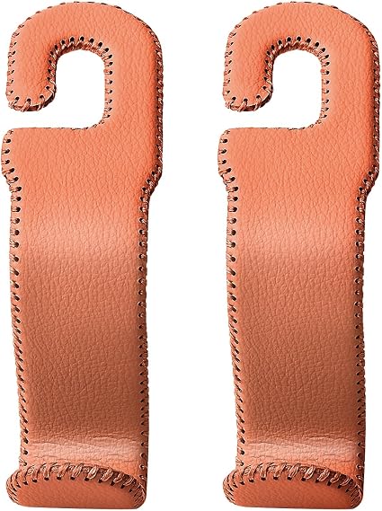 AMVOYOA Leather Hooks for Headrest - Fully Leather-Wrapped U-Shaped Purse Holder for Car, Flexible Seat Back Organizer &