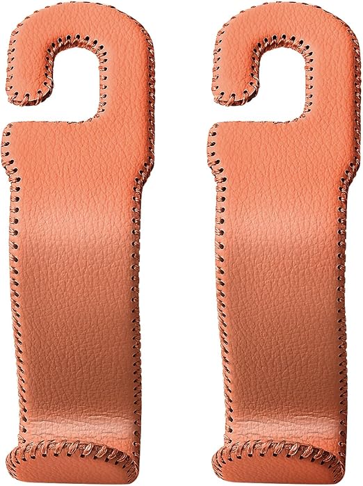 AMVOYOA Leather Hooks for Headrest - Fully Leather-Wrapped U-Shaped Purse Holder for Car, Flexible Seat Back Organizer &