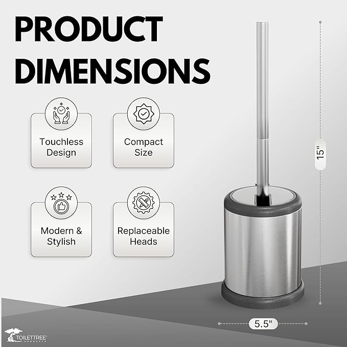 ToiletTree Products Toilet Brush with Lid - Sleek Toilet Bowl Brush and Holder - Toilet Scrubber Brush Set with Heavy-Weight Base - Lidded Toilet Bowl Cleaner Brush and Holder - Chrome