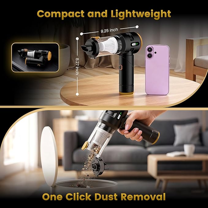 Wansimoo Handheld Car Vacuum Cleaner,25000PA Strong Cyclonic Suction Foldable Mini Vacuum Portable Cordless with Digital Display and One Touch Dust Removal for Car, Home, Office, Kitchen (Gold)