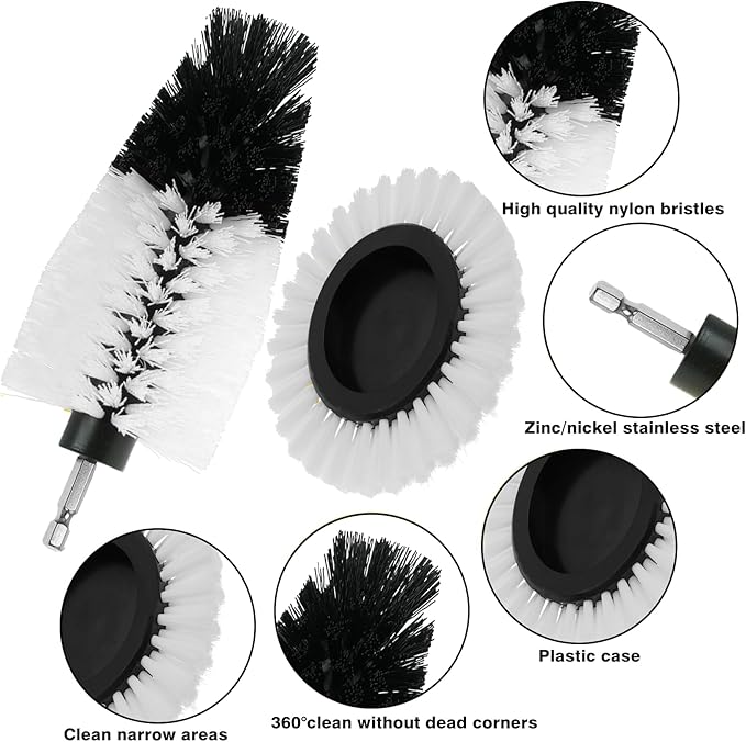 8 Pcs Drill Brush Attachment Set, Power Cleaning Scrub Brush Kit with Extend Long Attachment, All Purpose Drill Scrub Brushes for Car, Grout, Floor, Tub, Bathroom and Kitchen (White)
