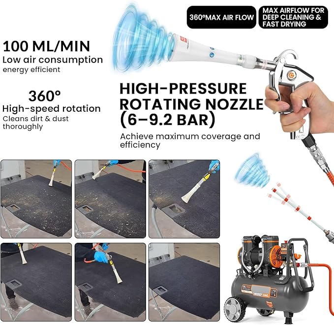 ProClean 360 Tornado Car Cleaning Gun – High Pressure Air Blow & Detailing Tool with Rotating Nozzle, Upholstery & Carpet Cleaner, Auto Detailing Blow Gun for Seats, Vents, Engines, Home Use