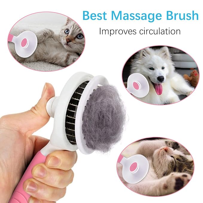Self Cleaning Slicker Brush - Cat Brush Skin-Friendly Deshedding Grooming Massaging Tool for Long & Short Haired Pets, Cat Hair Brushes Easy Removes Undercoat for Dogs Cats Rabbits-UPGRADED, Pink