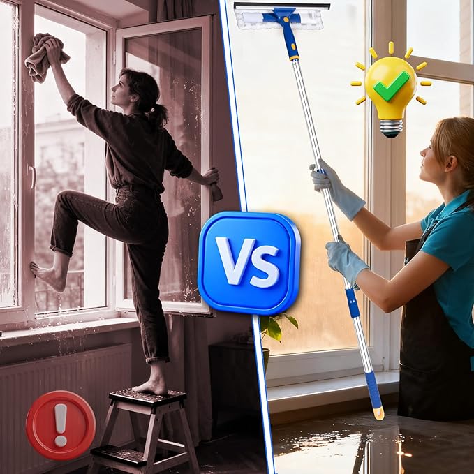 Squeegee for Window Cleaning with Extendable Pole, 53" 2-in-1 Window Cleaning Tool Kit, Shower Squeegee with Long Handle, Indoor/Outdoor High Window Cleaning-Two Pads