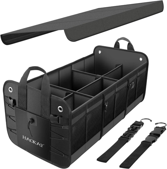 HAOKAY Car Trunk Organizer with Lid，Heavy Duty Extra Large Premium Black Oxford Multi Compartments Collapsible trunk organizer for SUV, Van, Truck, Sedan, Jeep （90L