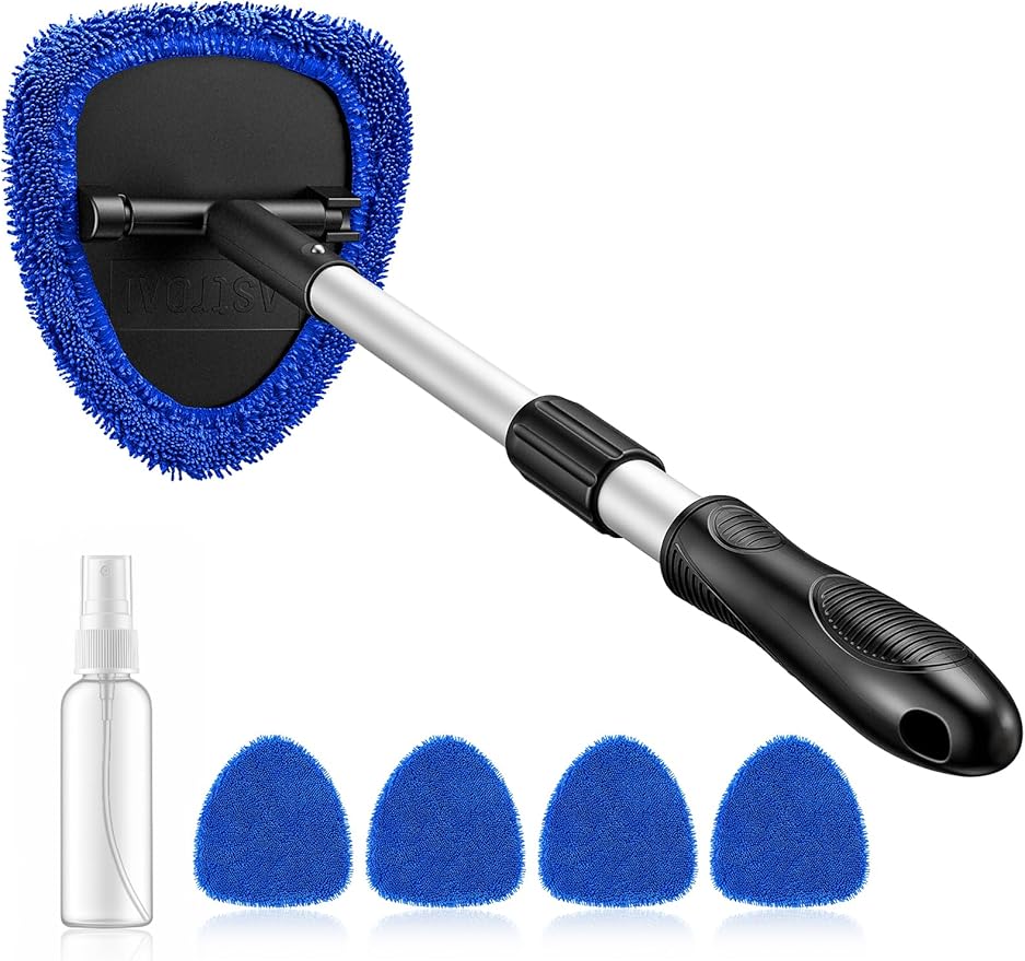 AstroAI 21" Windshield Cleaner Tool, Car Interior Detailing Cleaning Kit with Extendable Handle and 4 Upgraded High-Density Reusable Microfiber Pads, Auto Glass Wiper Brush Kit for Cars, Blue