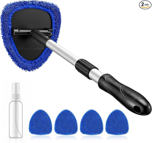 AstroAI 21" Windshield Cleaner Tool, Car Interior Detailing Cleaning Kit with Extendable Handle and 4 Upgraded High-Density Reusable Microfiber Pads, Auto Glass Wiper Brush Kit for Cars, Blue, 2 Pack