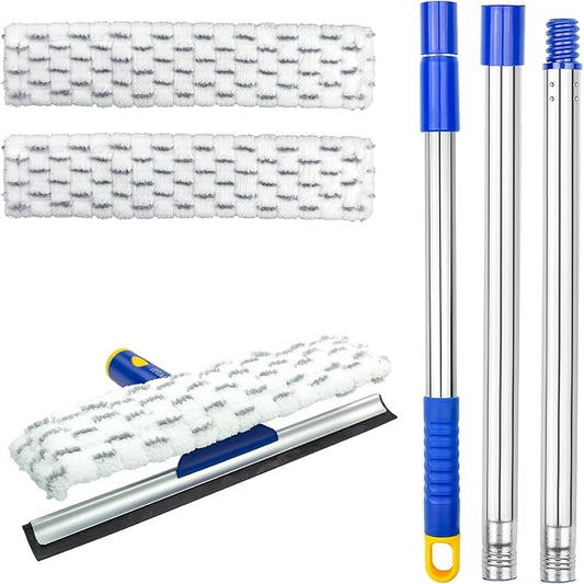 60" Window Squeegee Cleaner 2 in 1 Window Cleaning Tool Kit Window Washing Kit with Extension Pole for Shower Glass, Indoor/Outdoor High Window Cleaning-Two Pads