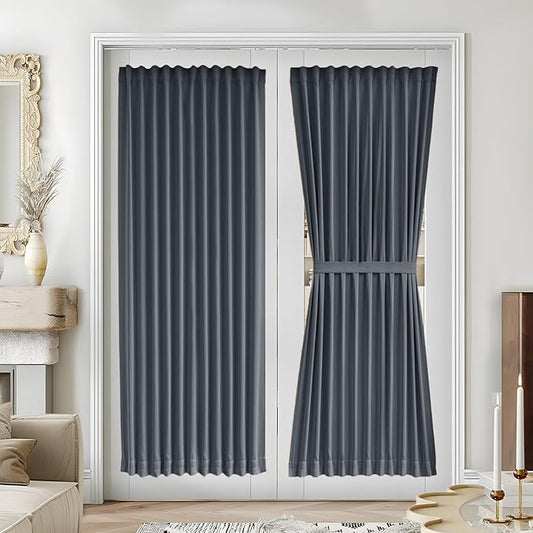 Vatge Magnetic Tape French Door Curtains - 54x72 Inch No Drill Light Filtering Panels for Double Doors, 1 Panel, W54 x L72, Grey