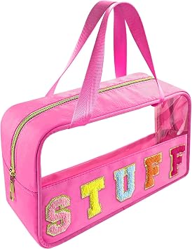 Bunliuys Chenille Letter Clear Makeup Bag Stuff Patch, Travel Toiletry Makeup Bag with Handle, Nylon Waterproof Makeup B