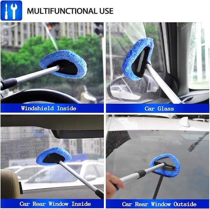 Upgraded Longer Extendable Windshield Cleaning Tool, Strong Absorbent Car Window Cleaner with 5 pcs Washable Pads and 2 pcs Spray Bottles, Multifunctional Use Windshield Cleaner Tool Kit (Blue)