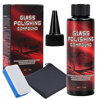 Glass Polishing Compound Kit with Sponge - Car Windshield Oil Film Remover, Water Spot Stain & Light Scratch Remover, Re
