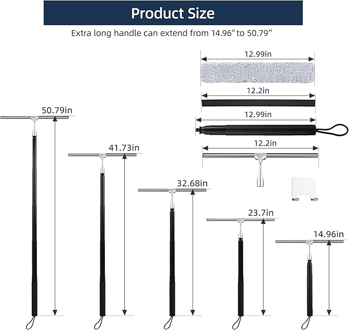 12-51’’ Telescopic Window Squeegee for High Windows, 2-in-1 Window Cleaning Kit with Extra Silicone Blade & Hook, Professional Squeegee for Shower Glass Doors (Window Squeegee for Home)