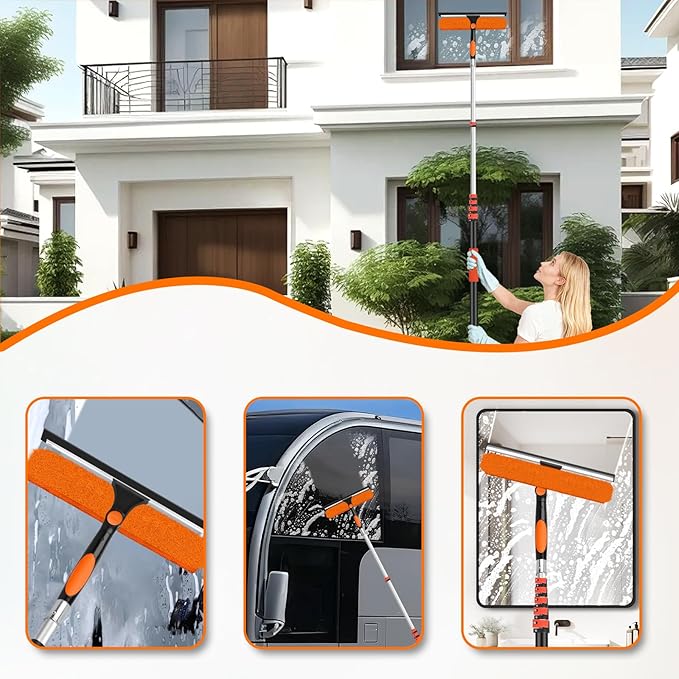 14" Extra-Wide Window Squeegee with Extension Pole, 30FT High Reach Window Cleaning Kit with- 2-in-1 Professional Window Scrubber & 5-24FT Extension Pole, for Indoor & Outdoor High Windows,RVs