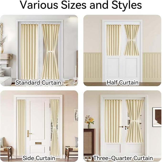 Vatge French Door Curtains - 36W x 72L Front Door Curtain Panel, Rodless Installation Door Window Curtains for Doorways, 1 Panel, W36 x L72, Light Beige